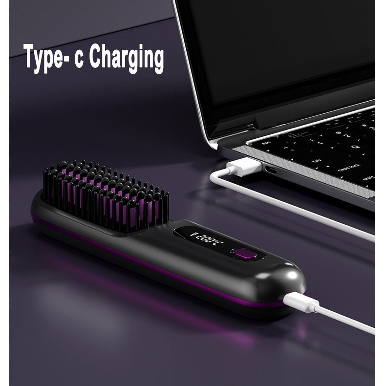 2 In 1 Straight Hair Comb Wireless Hair Straightener Brush Hair Fast Heating Portable Hot Curler USB Charging - Nexxcart