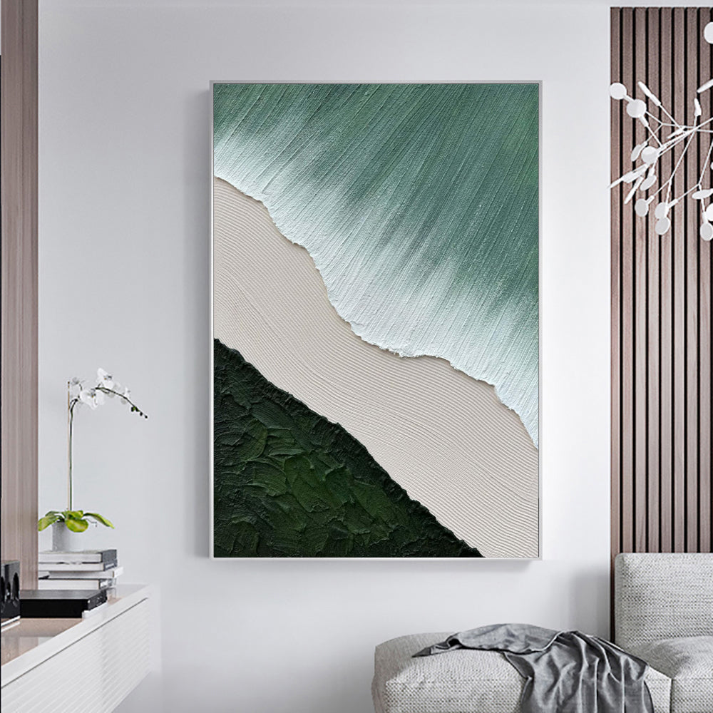 Handmade Oil Painting Acrylic Canvas Wall Art Decoration Green Minimalist White Waves Abstract For Home Living Room Bedroom Porch Decor Rolled Frameless Unstretched Painting