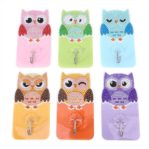 6pcs Diamond Drawing Self-adhesive Wall Hooks Kit Owl Bird