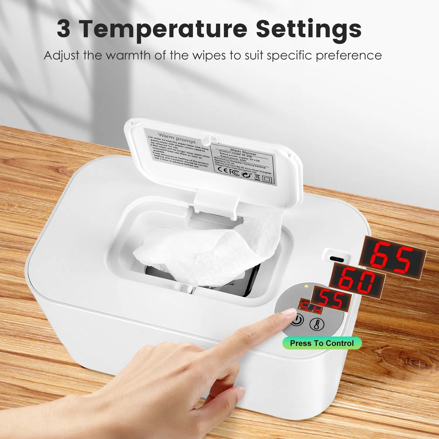 Baby Wipe Warmer With 3 Temperature Settings Type-C Powered Baby Wet Wipes Dispenser With Night Light Large Capacity Diaper Wipe Warmer For Baby GPCT5369