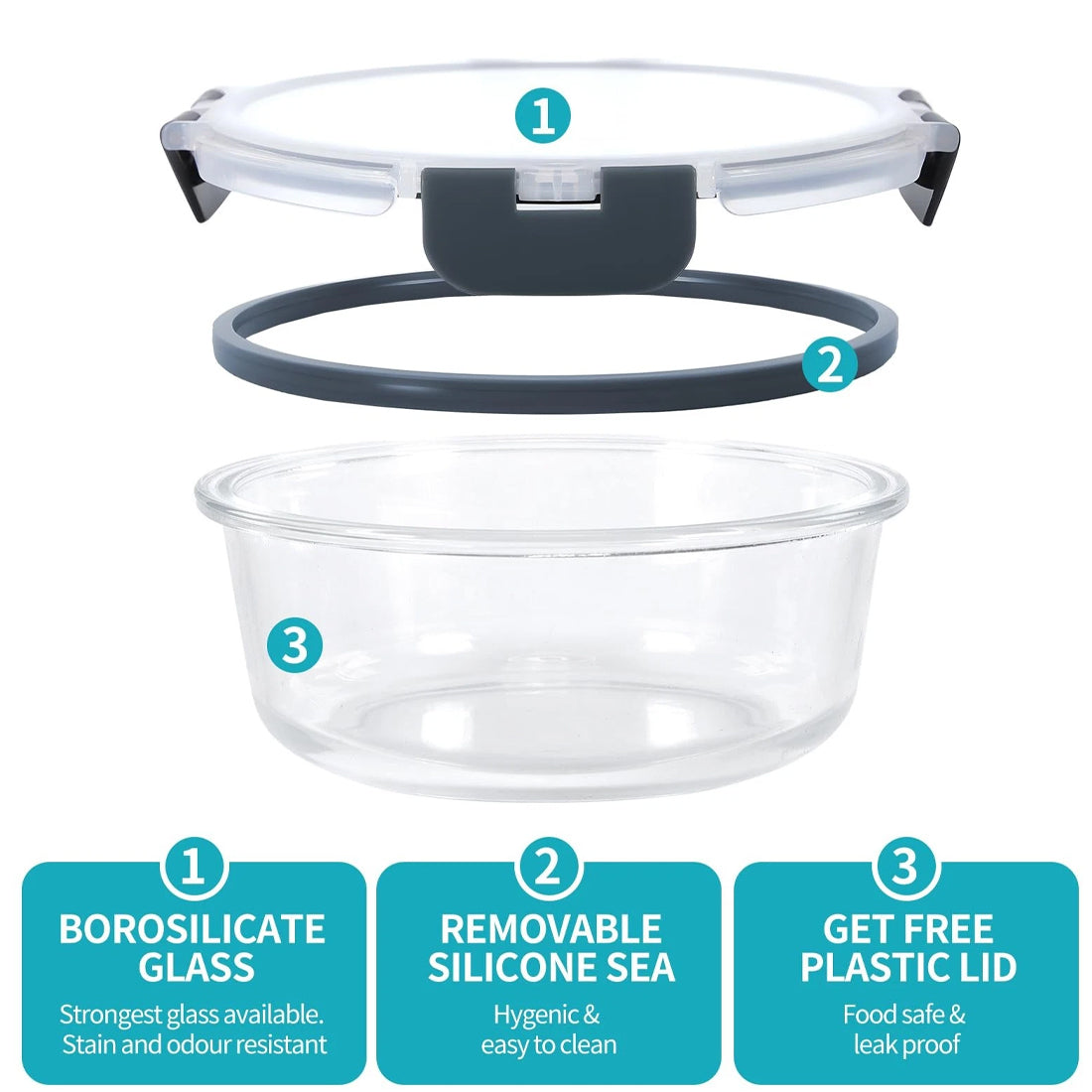 3PCS Borosilicate Glass Lunch Box Food Container Airtight Plastic Lid