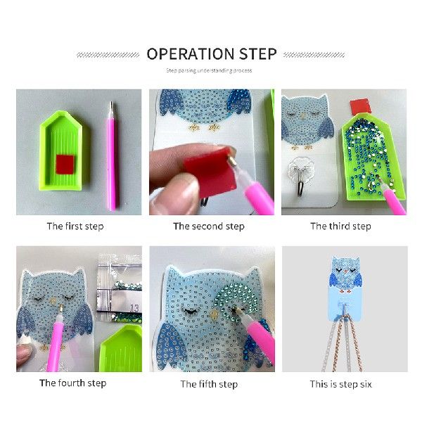 6pcs Diamond Drawing Self-adhesive Wall Hooks Kit Owl Bird