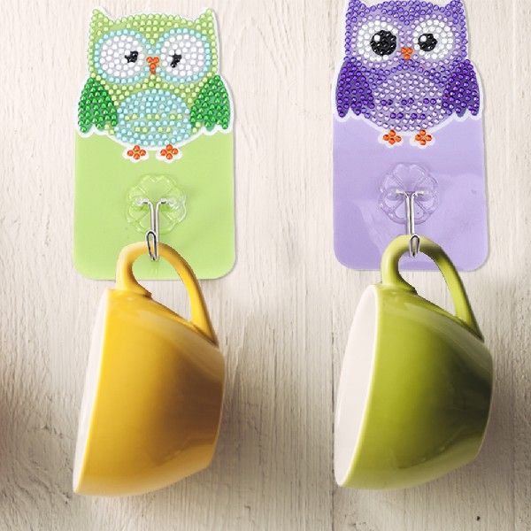 6pcs Diamond Drawing Self-adhesive Wall Hooks Kit Owl Bird