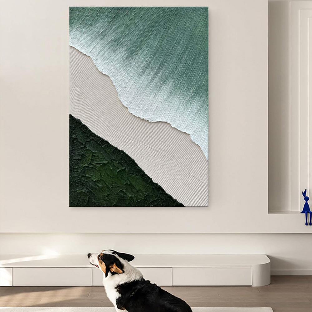 Handmade Oil Painting Acrylic Canvas Wall Art Decoration Green Minimalist White Waves Abstract For Home Living Room Bedroom Porch Decor Rolled Frameless Unstretched Painting